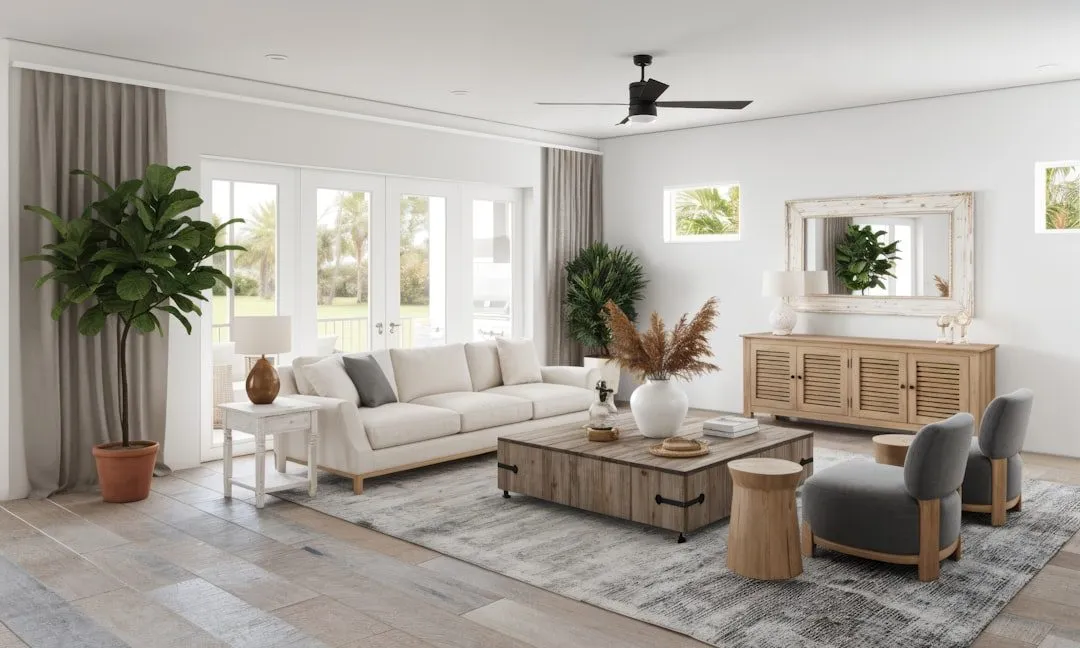 Modern living room with neutral tones and natural elements